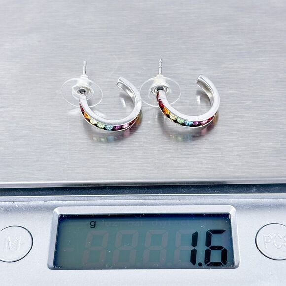 Vintage ATI Taiwan Sterling Silver 925 Rainbow CZ Hoop Earrings - Picture 7 of 8